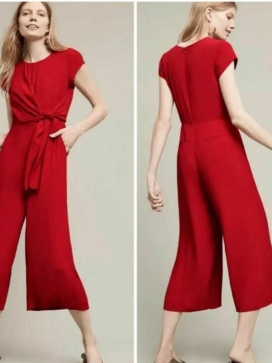 Maeve Pants - Anthropologie Maeve Red Grier Midi Jumpsuit Wide Leg Twist Tie Front Size 2 EUC